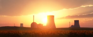 nuclear power plants in a wheat field and sunset