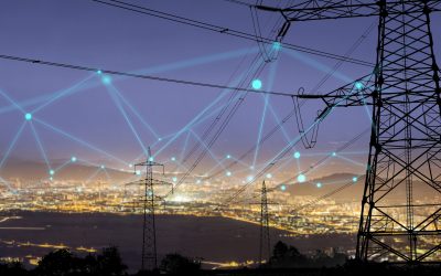 High power electricity poles in urban area connected to smart grid. Energy supply, distribution of energy, transmitting energy, energy transmission, high voltage supply concept photo.